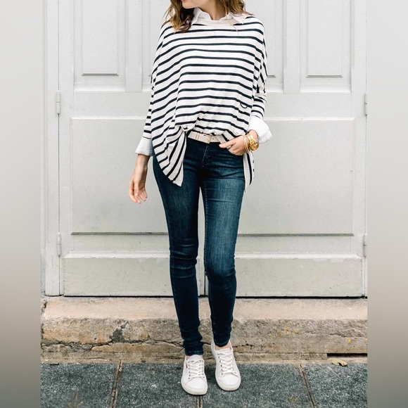 Mersea OS Navy Stripe Knit Catalina Sweater Pullover Oversize Poncho Top Coastal - Picture 11 of 12